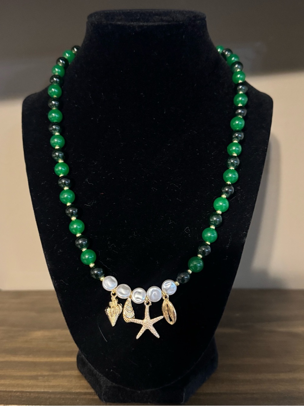 Green Beaded Necklace with Gold Sea Charms and Pearl Accents